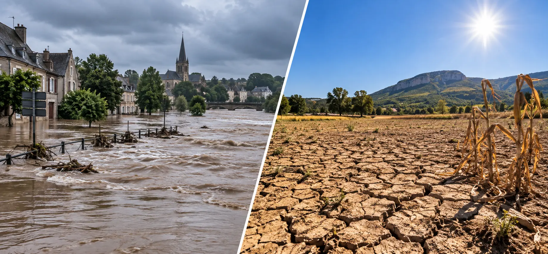 Montage montrant une sécheresse et une inondation en France